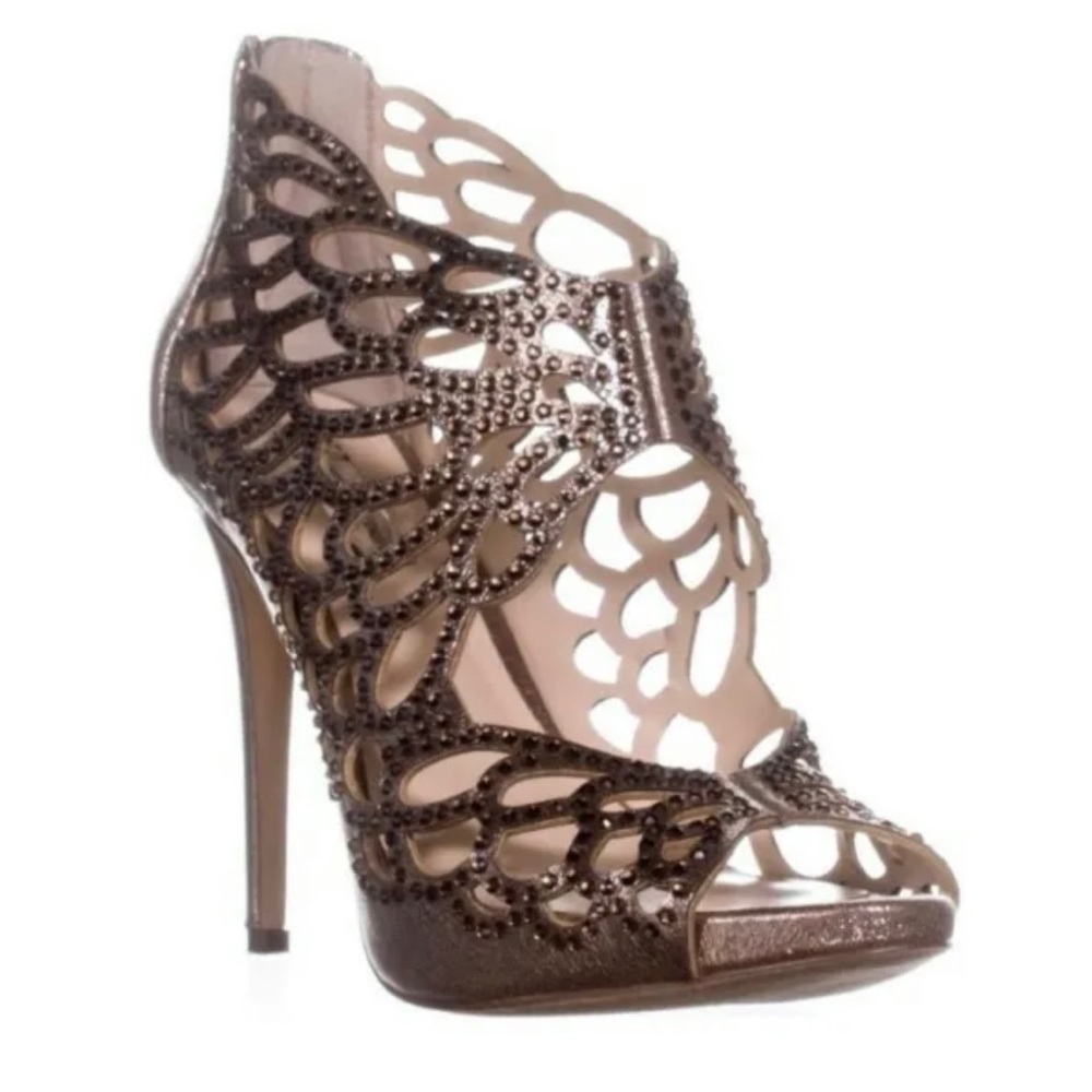 NIB INC Sarane Light Bronze Rhinestoned Butterfly Satin Evening Sandals Heels 8M